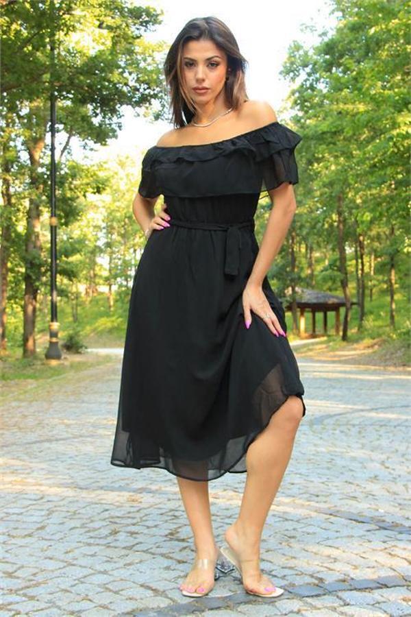 Dip Moda Kadın bağlama detaylı madonna yaka yeni sezon şifon elbise DP8060 - Image 1