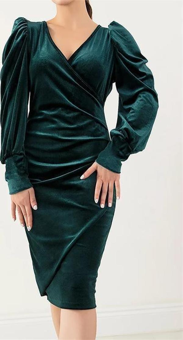 Dip Moda kadın kruvaze yaka büzgülü kadife elbise KKLF68 - Zümrüt - Image 1