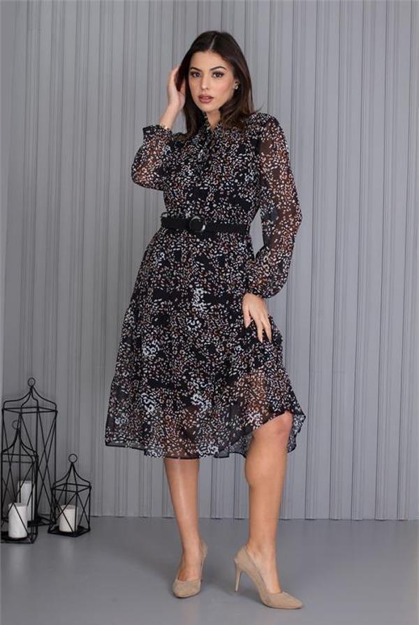 Dip Moda kadın kemerli desenli yeni sezon midi boy şifon elbise APCX04 - Image 1
