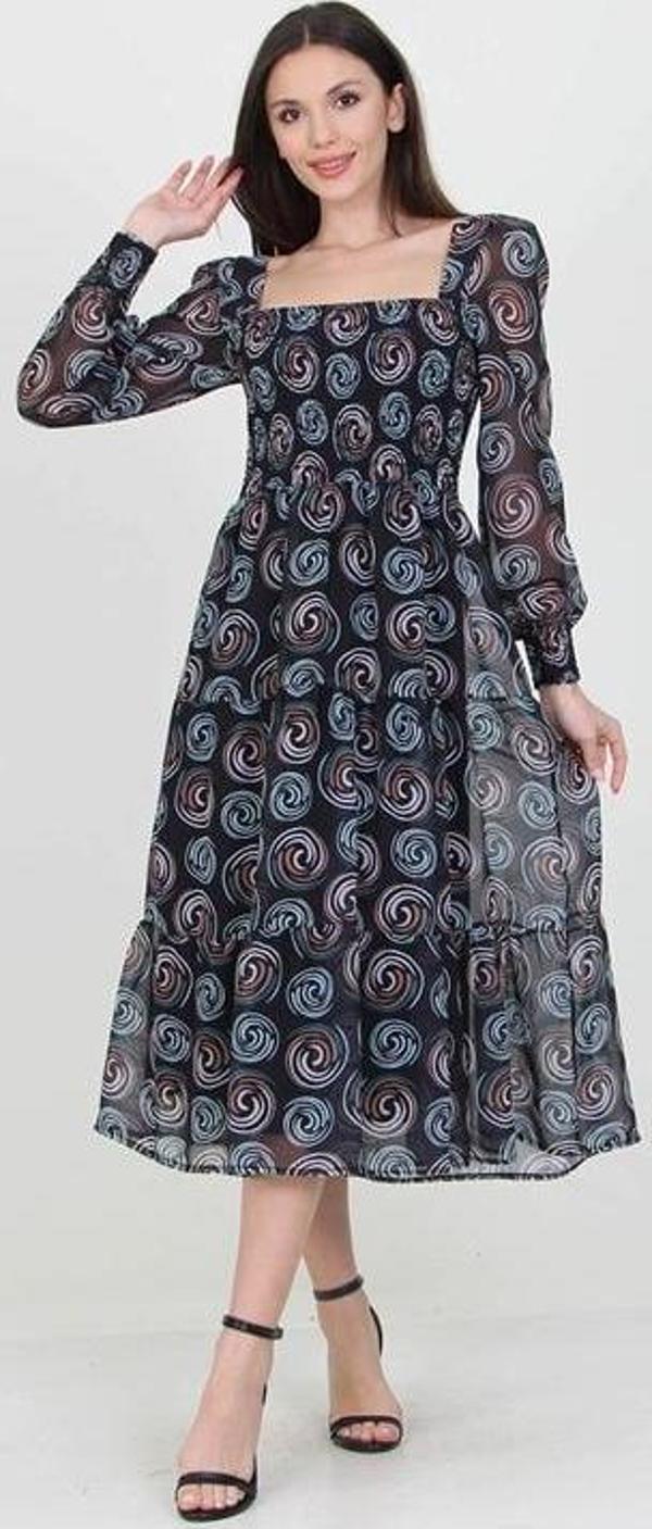 Dip Moda siyah kadın siyah gipeli kare yaka desenli şifon elbise DP100361 - Image 1