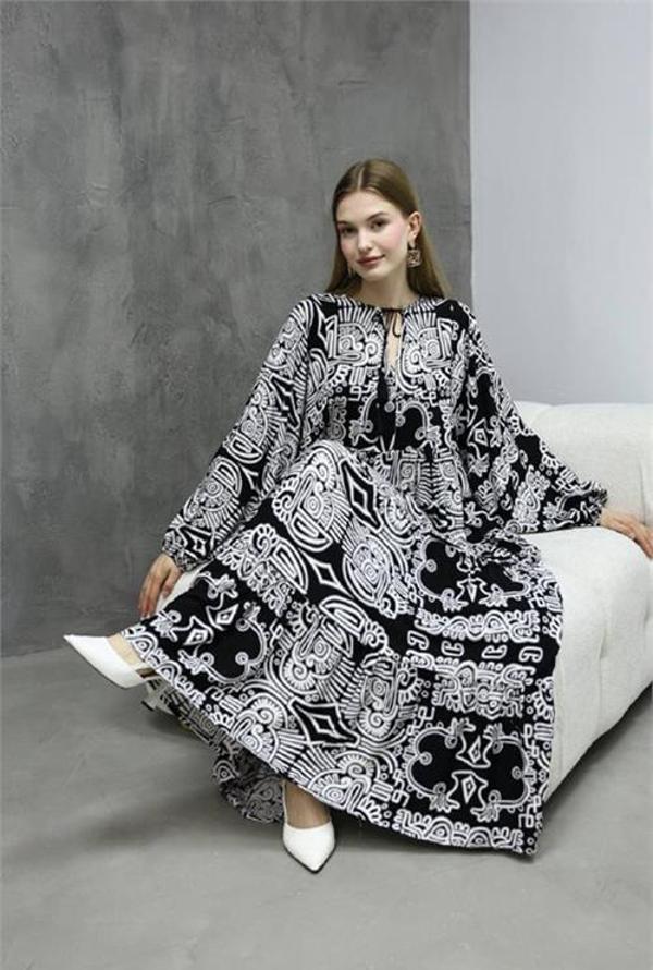 Dip Moda kadın oversize salaş kesim desenli viskon elbise DPRS01 - Image 1