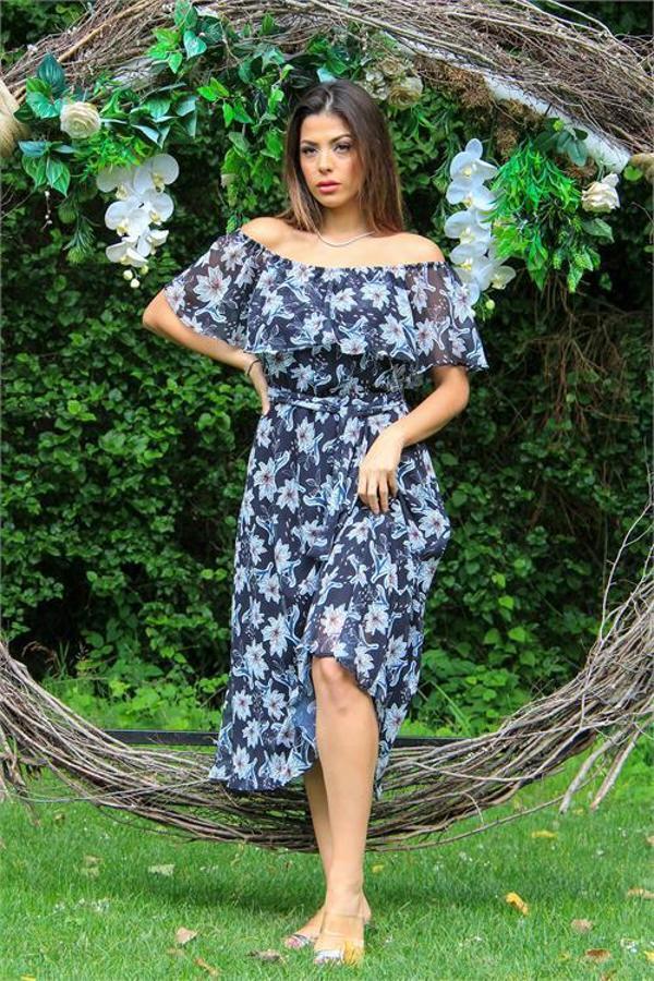 Dip Moda kadın siyah carmen yaka çiçekli yazlık şifon elbise DP10037 - Image 1