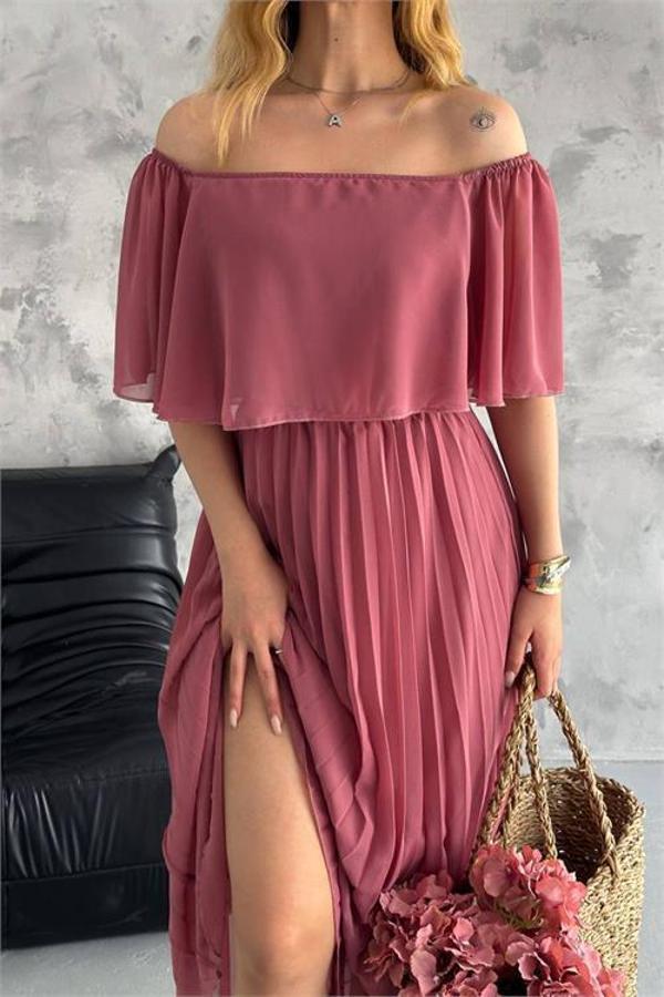 Dip Moda kadın madonna yaka piliseli şifon elbise DPK2099 - Image 1