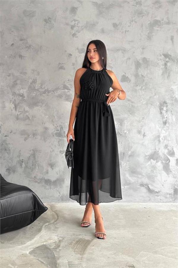 Dip Moda kadın gül broş detaylı uzun şifon elbise DPK2144 - Image 1