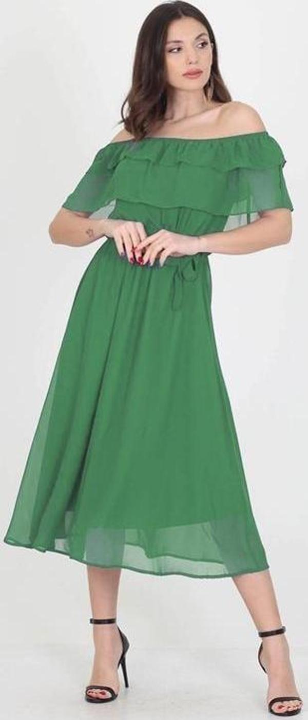 Dip Moda Kadın yeşil bağlama detaylı madonna yaka yeni sezon şifon elbise DP8060 - Image 1