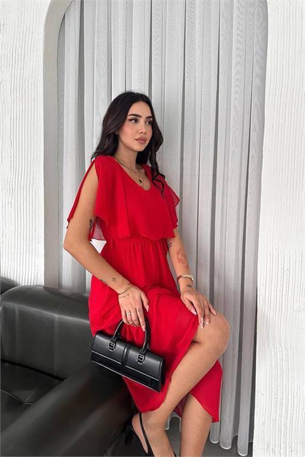 Dip Moda kadın kuşaklı midi boy şifon elbise DPK4116 - Image 1