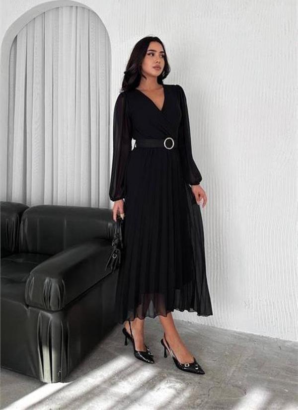 Dip Moda kadın siyah piliseli kemerli şifon elbise DPK3028 - Image 1