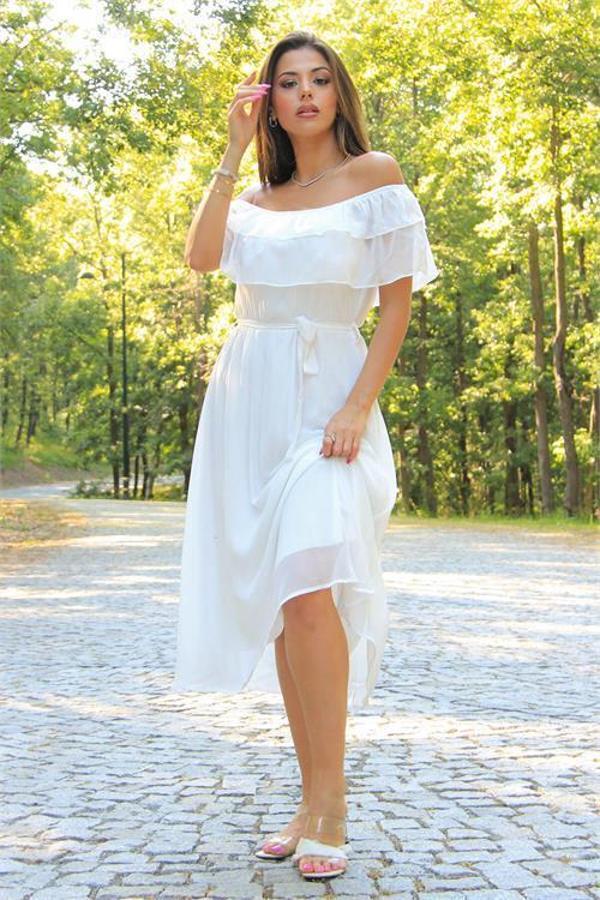 Dip Moda Kadın bağlama detaylı madonna yaka yeni sezon şifon elbise DP8060 - Image 1