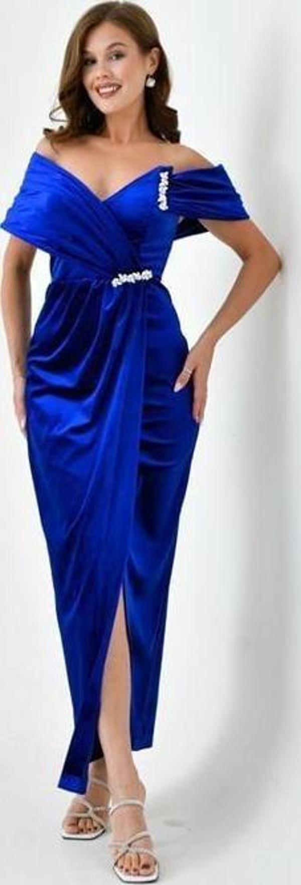 Dip Moda kadın taş ve yırtmaç detaylı kadife abiye elbise DPS9361 - Image 1