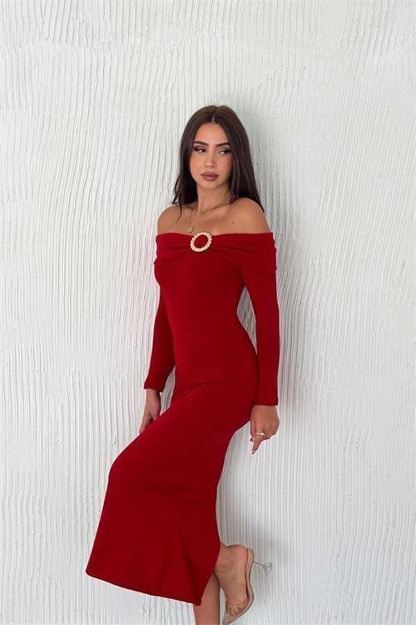Dip Moda kadın madonna yaka toka detaylı triko elbise DPK2218 - Image 1