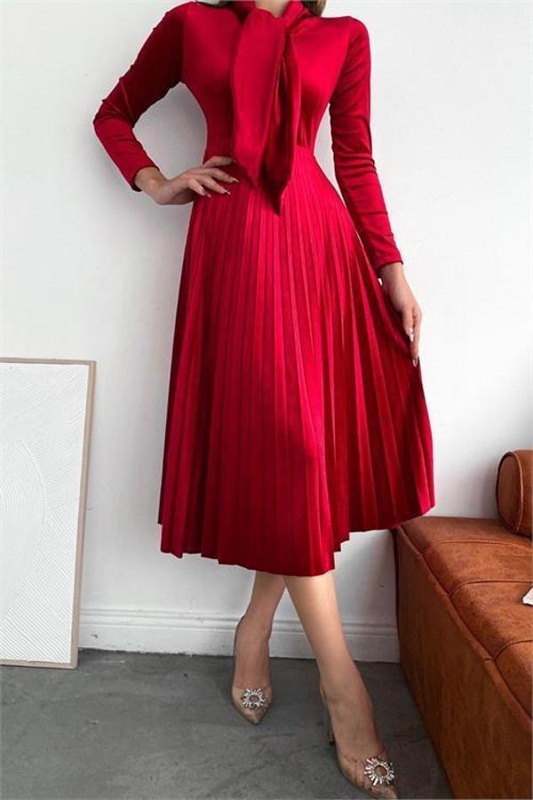 Dip Moda kadın yakası bağlama detaylı piliseli kadife elbise DPQ012 - Image 1