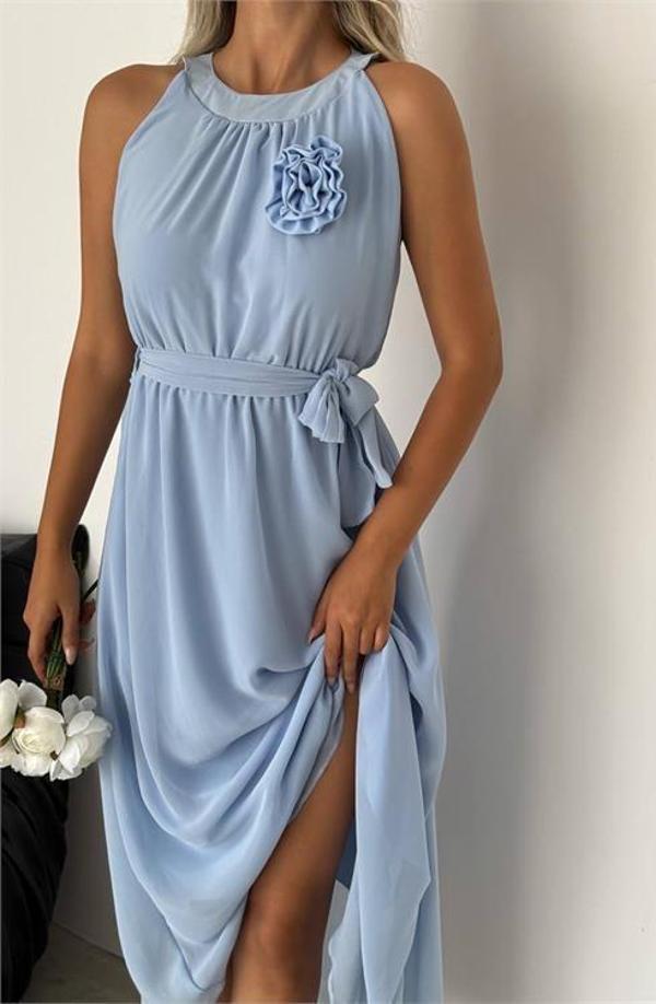 Dip Moda kadın gül broş detaylı uzun şifon elbise DPK2144 - Image 1