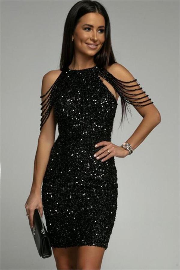 Dip Moda kadın siyah taş detaylı abiye elbise DPEMP2119 - Image 1