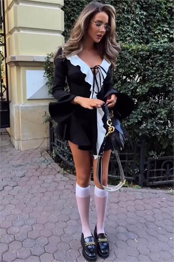 Dip Moda kadın siyah mini fırfır detaylı tasarım elbise DPDF108 - Image 1