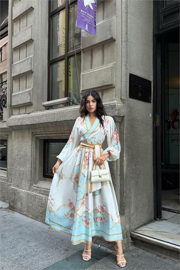 Dip Moda kadın kuşaklı midi boy desenli elbise DPMS42149 - Image 1