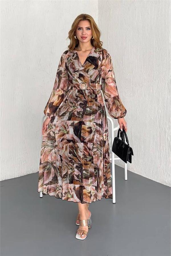 Dip Moda kadın kemerli çiçek desenli şifon elbise DPK050 - Image 1