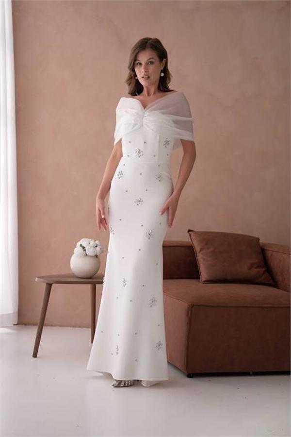 Dip Moda kadın beyaz tül ve taş detaylı abiye elbise DPS9372 - Image 1
