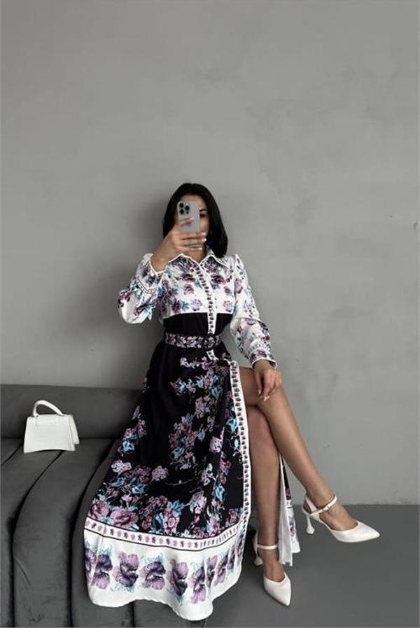 Dip Moda kadın çiçek desenli midi boy tasarım elbise DPMS25017 - Image 1