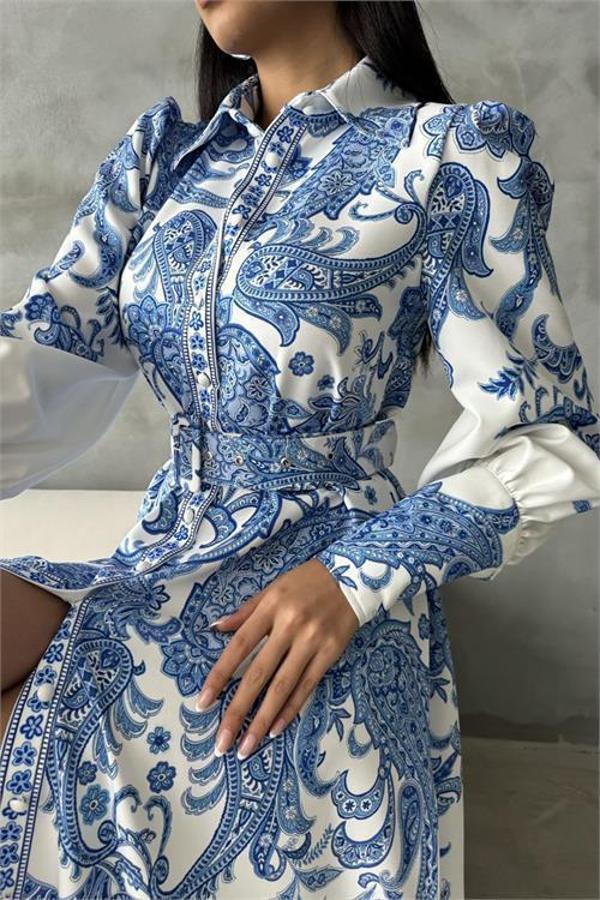 Dip Moda kadın kemerli uzun desenli gömlek elbise DPMS4220 - Image 1