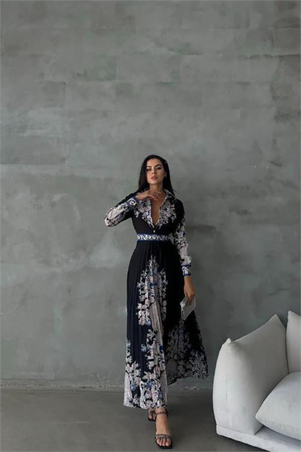 Dip Moda kadın siyah atlas kumaş desenli elbise DPMS42131 - Image 1