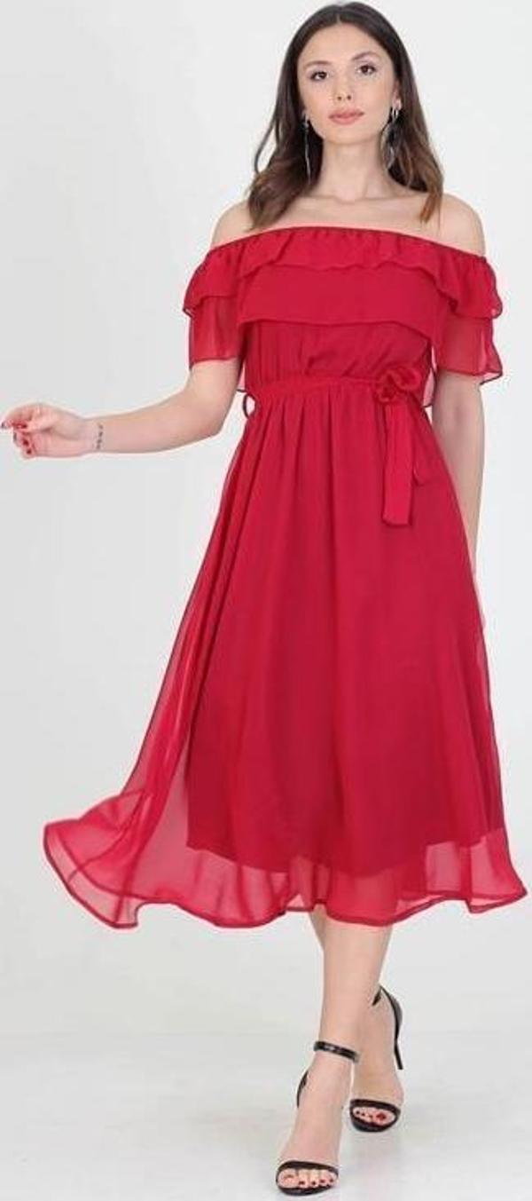 Dip Moda kadın yeni sezon madonna yaka bağlama detaylı şifon elbise RY8060 - Image 1