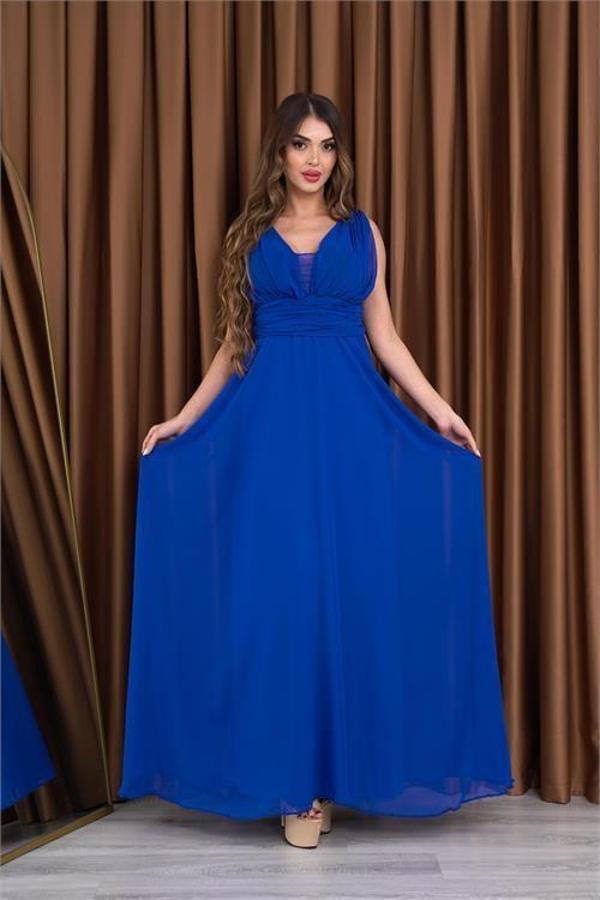 Dip Moda kadın saks mavi V-yaka şifon abiye elbise DP2027 - Image 1