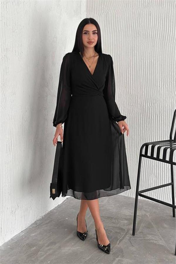 Dip Moda kadın siyah astarlı şifon elbise DPK30281 - Image 1