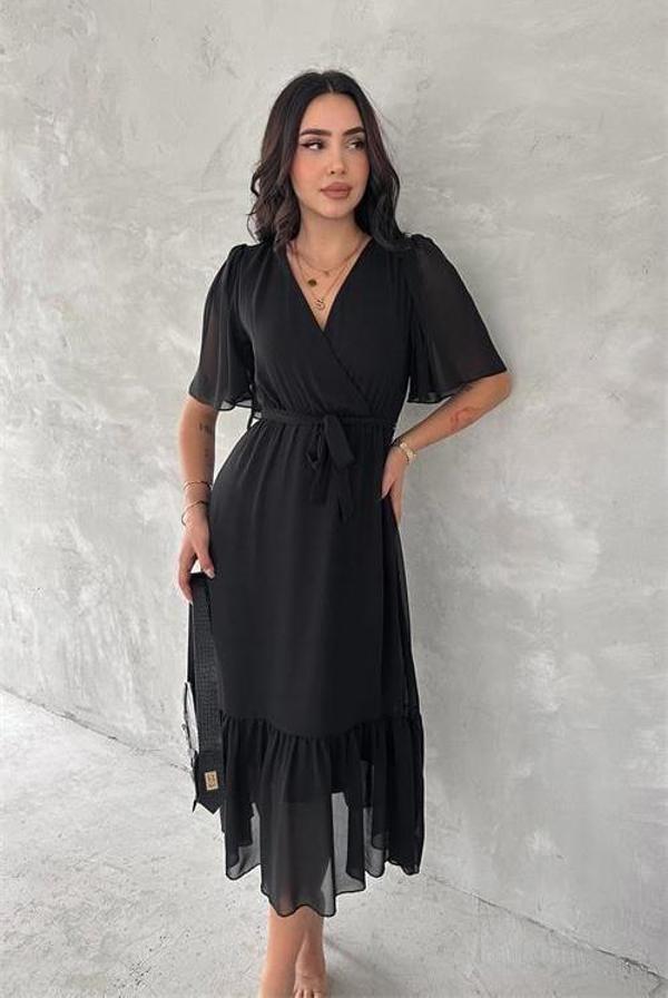 Dip Moda kadın kruvaze yaka kuşaklı şifon elbise DPK4115 - Image 1