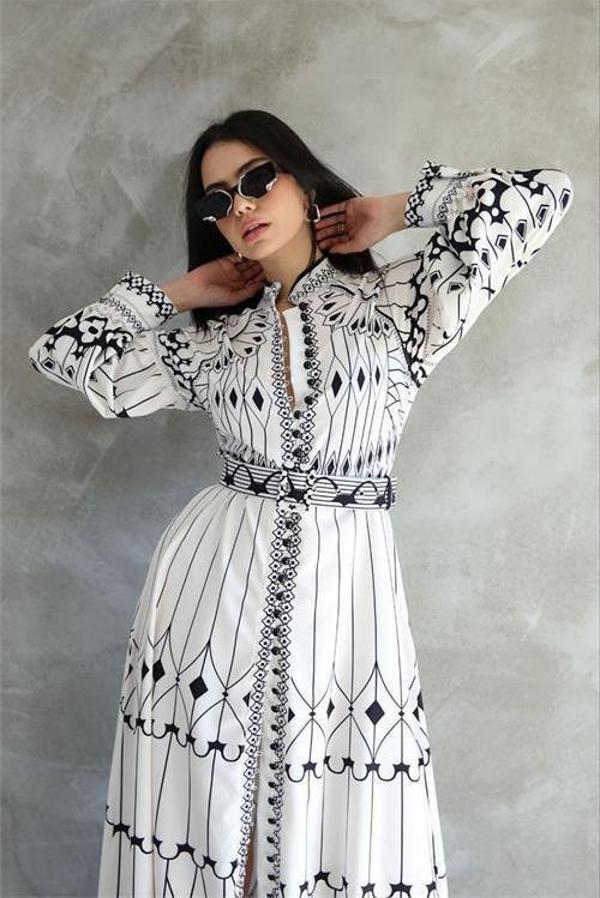 Dip Moda kadın atlas kumaş desenli elbise DPMS42129 - Image 1