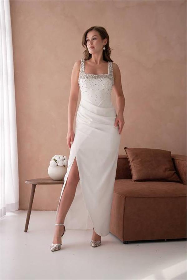 Dip Moda kadın taş detaylı askılı uzun abiye elbise DPS9367 - Image 1