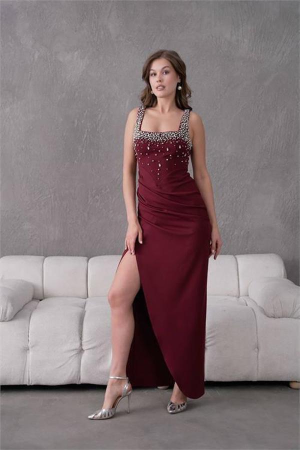 Dip Moda kadın taş detaylı askılı uzun abiye elbise DPS9367 - Image 1