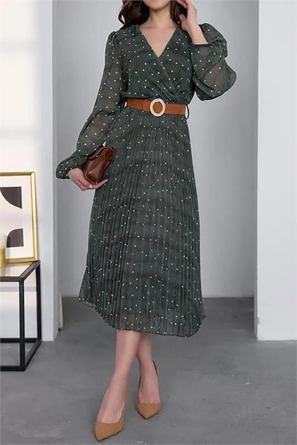 Kemer Detaylı Puantiye Desenli Şifon Elbise NBMY3286 - Image 1