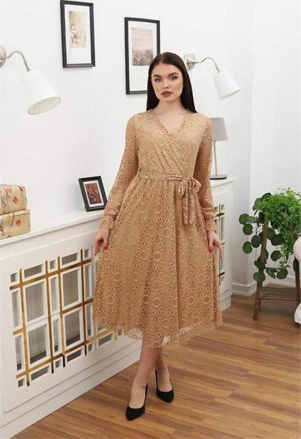 Dip Moda kadın bağlama detaylı dantel elbise RSSN619 - Camel - Image 1