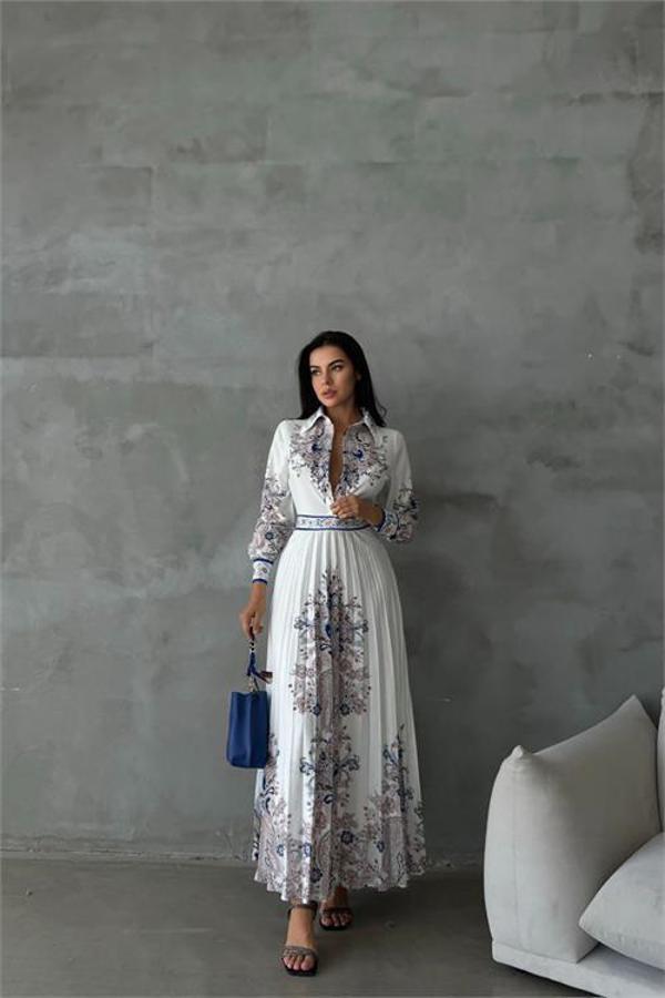 Dip Moda kadın beyaz atlas kumaş desenli elbise DPMS42131 - Image 1