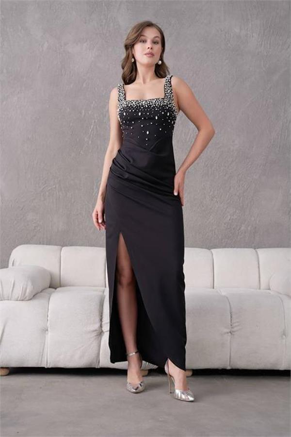 Dip Moda kadın taş detaylı askılı uzun abiye elbise DPS9367 - Image 1