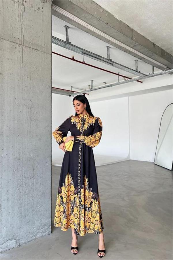 Dip Moda kadın siyah kemerli tasarım elbise DPMS4277 - Image 1