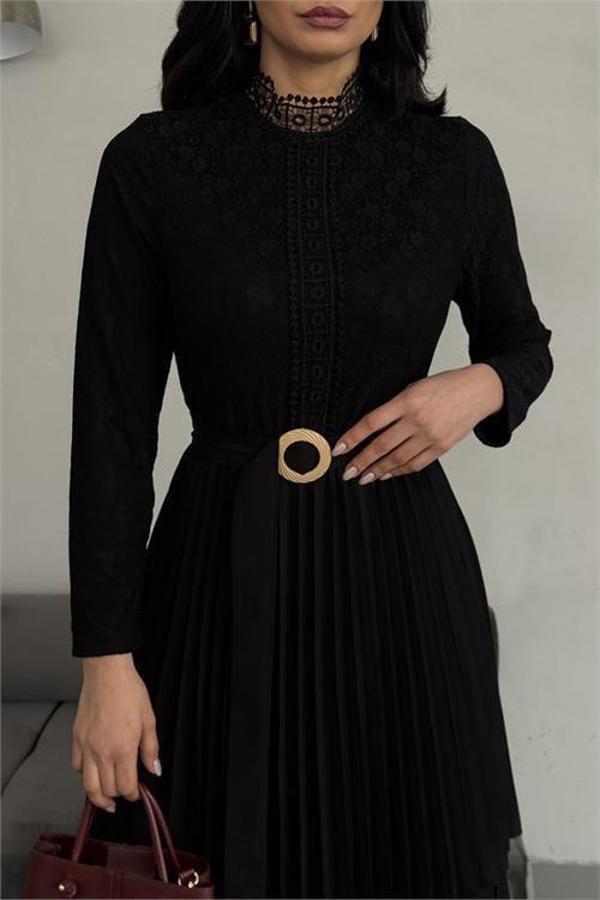 Dip Moda kadın krep kumaş dantel detaylı kemerli uzun elbise DPMS2525 - Image 1