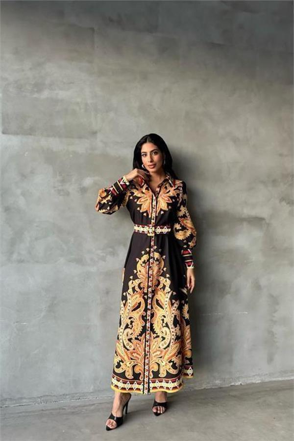 Dip Moda kadın siyah kemerli uzun elbise DPMS2395 - Image 1