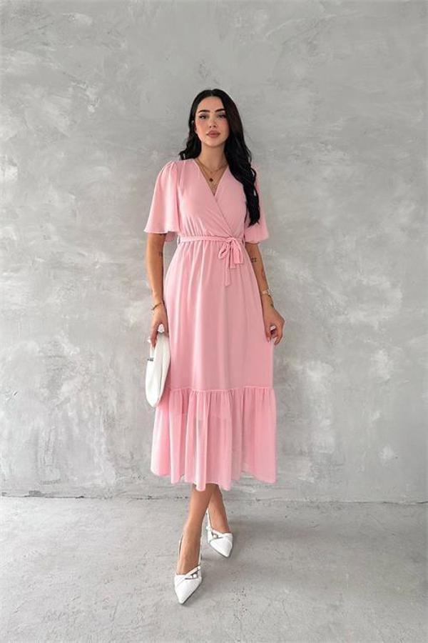 Dip Moda kadın kruvaze yaka kuşaklı şifon elbise DPK4115 - Image 1