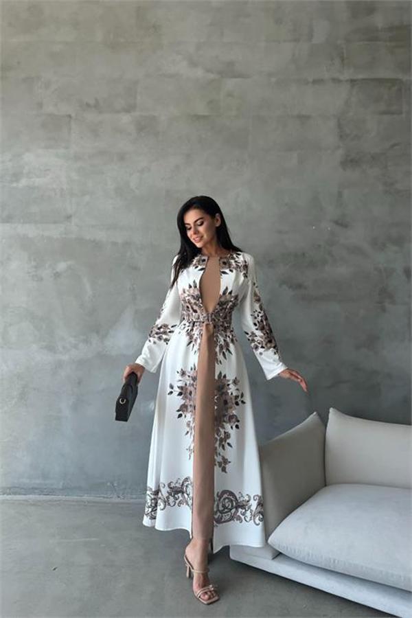 Dip Moda kadın yazlık babel kumaş desenli uzun elbise DPMS42127 - Image 1