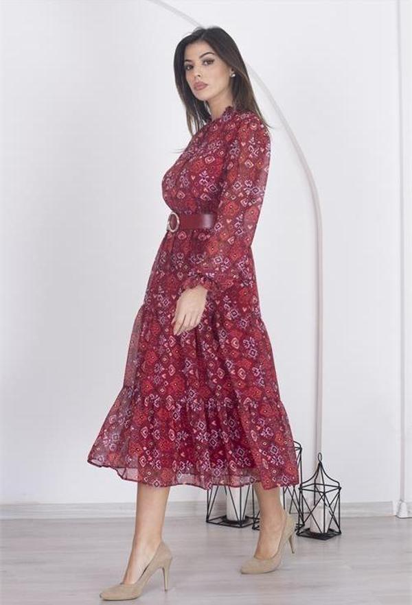 Dip Moda kadın astarlı etnik desenli şifon elbise RSDP002 - Bordo - Image 1