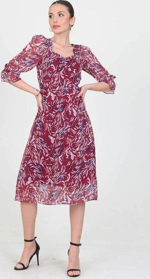 Dip Moda kadın bordo kalp yaka yeni sezon desenli şifon elbise RY0030 - Image 1