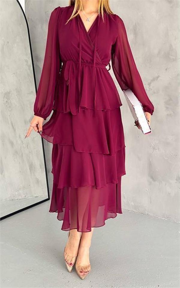 Dip Moda kadın astarlı eteği kat kat şifon elbise DPKKLF2041 - Image 1