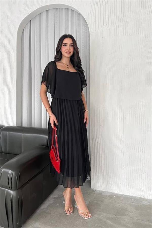 Dip Moda kadın siyah pileli midi boy şifon elbise DPK4102 - Image 1