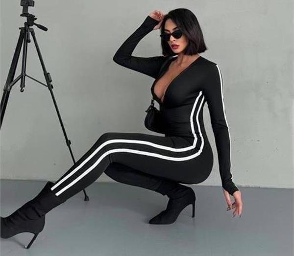 Dip Moda kadın siyah çizgi detaylı yüksek bel tulum DPDF098 - Image 1