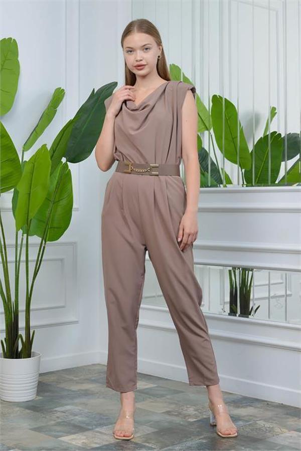 Dip Moda Vizon kadın vatkalı kemer detaylı sıfır kol cepli tulum DP10051 - Image 1