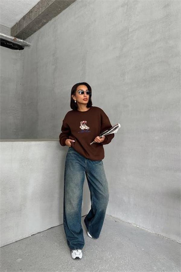 Dip Moda kadın kahverengi içi pamuklu nakış detaylı sweat DPG035 - Image 1