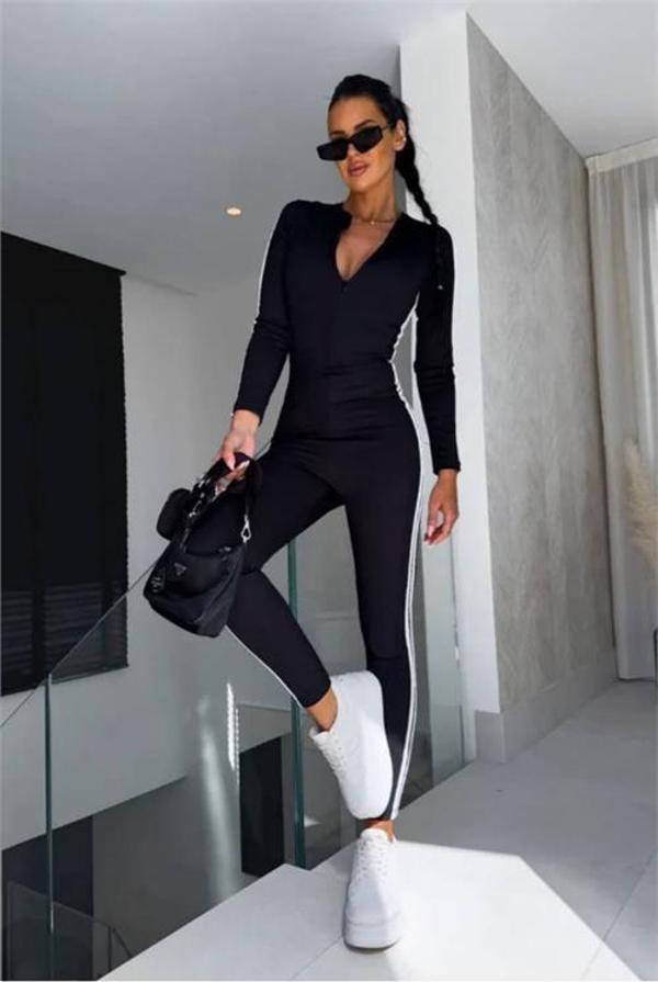 kadın siyah çizgi detaylı esnek kumaş tulum DPNBDF1091 - Image 1