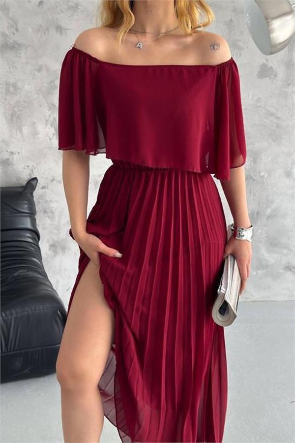 Dip Moda kadın madonna yaka piliseli şifon elbise DPK2099 - Image 1