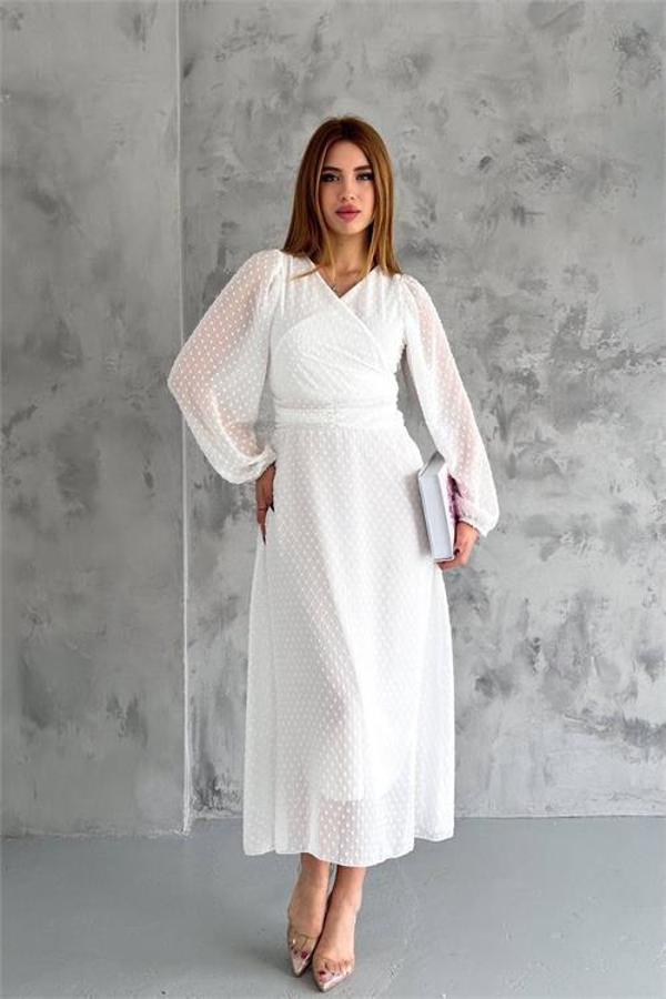 Dip Moda kadın kemer detaylı astarlı ponpon şifon elbise DPKKLF2052 - Image 1